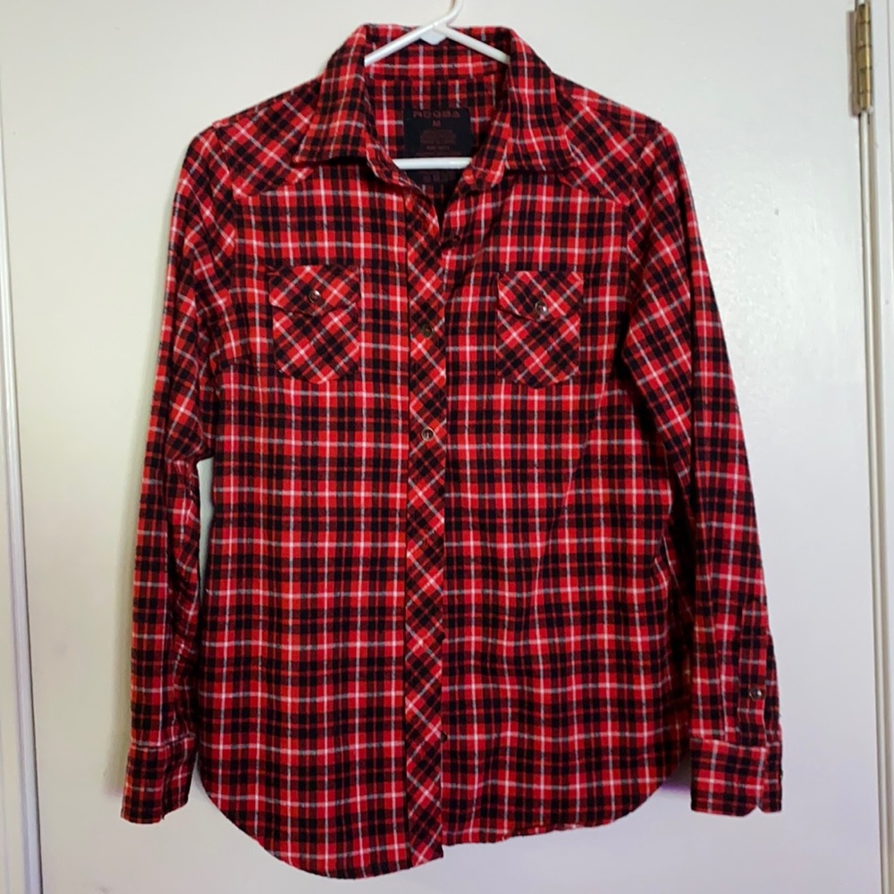 RQQBA Medium red black and white plaid flannel